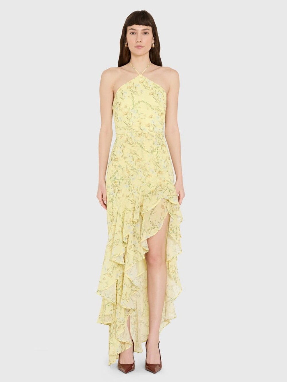 Amanda Uprichard Yellow Floral Carlina Halter Maxi Dress, Sz Small